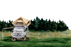 Card design with off road car and roof top tent on forest backdrop. Clip art for camping, touring, exploring, travel, holiday, prints. Copy space. Watercolor illustration on transparent background png