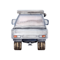 Back view of car with roof rack. Hand drawn element for adventure, tourism, touring, outdoors, 4x4 off-roading, car repair, camping designs. Watercolor illustration isolated on transparent background png