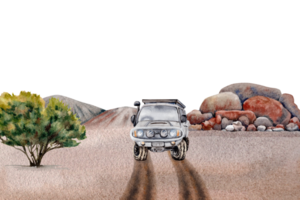 Outback adventure composition with 4WD car, tree, rocks, sand. Landscape card for camping, tourism, outdoors, 4x4 off-roading. Copy space template. Watercolor illustration on transparent background png