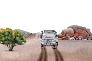 Outback Abenteuer Komposition mit 4wd Auto, Baum, Felsen, Sand. Landschaft Karte zum Camping, Tourismus, draußen, 4x4 Offroading. Kopieren Raum Vorlage. Aquarell Illustration auf transparent Hintergrund png