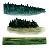 naturlig bakgrund mini uppsättning. grön träd blast, gräs remsa och gran element. vattenfärg illustration på transparent bakgrund. hand dragen element för turism, utomhus, terrängkörning, camping mönster png