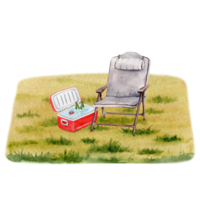 Camping composition of a folding chairs and a cool box on grassy background. For tourist or travel prints, fliers, designs. Hand drawn element. Watercolor illustration on transparent background png