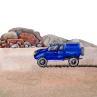 Outback landscape composition with blue 4x4 car, sandy desert road, tyre tracks, hills and rocks. Design for touring, exploring, travel, camping. Watercolor illustration on transparent background png