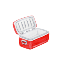 Red empty plastic cooler with open lid. Hand drawn element for camping, touring, outdoor pool or beach party designs. Watercolor illustration isolated on transparent background. Eski for cold drinks png