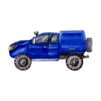 lado ver azul coche con pabellón. mano dibujado elemento para aventura, turismo, turismo, al aire libre, 4x4 todoterreno, coche reparar, cámping diseños acuarela ilustración aislado en transparente antecedentes png