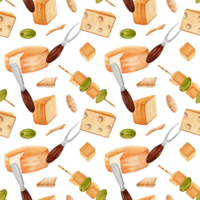 nahtlos Muster mit Grün Oliven, Stücke von Käse auf Spieße, Cracker, Messer und Gabel. Hand gezeichnet Aquarell Illustration isoliert auf transparent Hintergrund. Textil, Stoff, drucken, Karte Design. png