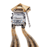 Camping composition with 4x4 off road car with roof top tent with a ladder on dirt tracks. For tourist or travel prints, cards, fliers, designs. Watercolor illustration on transparent background. png