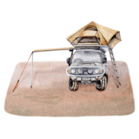 Camping composition clip art with 4x4 off road car, awning and roof top tent on desert sand. For tourist or travel prints, cards, fliers, designs. Watercolor illustration on transparent background png