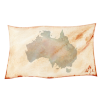 Hand drawn Australian map on aged paper. Topographic element of a continent.  For tourist or travel prints, cards, fliers, cards, designs. Watercolor illustration on transparent background. png