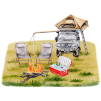 Camping composition. Car with roof top tent, awning, chairs, campfire, cooler box on grassy background. For travel prints, cards, fliers, designs. Watercolor illustration on transparent background png
