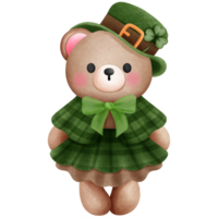 Cute teddy bear in st patricks day theme clipart illustration, Watercolor baby animal in leprechaun green hat and outfits for holiday decoration. png