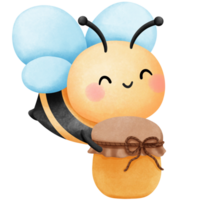 Honey bee with honey jar clipart, Hand drawn watercolor cute baby animal illustration. png