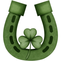 Green horseshoe with green clover leaf watercolor clipart, st patricks day element decoration. png