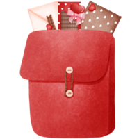 Red leather gift set watercolor clipart. A stylish collection featuring a love letters, gift box and bag. png