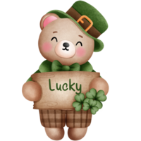 st patricks journée nounours ours avec chanceux en bois signe aquarelle clipart. png