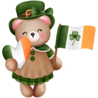 St patricks day teddy bear with irish flag and heart watercolor clipart. png