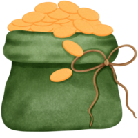 waterverf groen zak gevulde met elf van Ierse folklore munten clip art. png