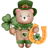 St patricks day teddy bear with clover leaf and horseshoe watercolor clipart. png