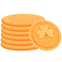 Watercolor gold coins with clover leaf clipart, St patricks day decoration. png