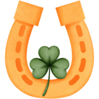 Golden horseshoe with green clover leaf watercolor clipart, St patricks day element decoration. png