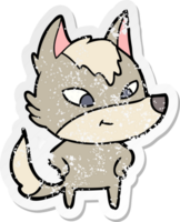 distressed sticker of a friendly cartoon wolf png