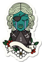 sticker of a crying orc rogue character face with natural one d20 dice roll png