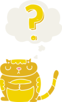 cartoon cat with question mark with thought bubble in retro style png