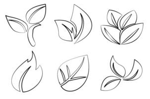 Vector illustration featuring a collection of six different leaf designs in black and white, ideal for spring-themed graphics