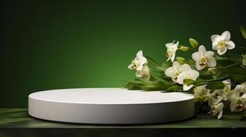 AI generated Elegant Podium Surrounded by Blossoming Flowers photo