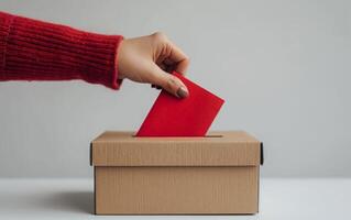 A tight shot of a hand, garbed in a red sweater, putting a red envelope into an election box photo