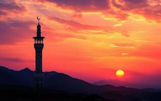 ai generado mezquita silueta en el puesta de sol ligero foto