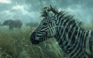 AI generated On the African Plains, A Zebra Stands Watchful in the Rain photo