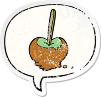 dibujos animados caramelo manzana con habla burbuja afligido afligido antiguo pegatina png