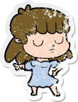 distressed sticker of a cartoon indifferent woman png