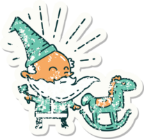 worn old sticker of a tattoo style santa claus christmas character making toy png