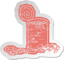 distressed old cartoon sticker of an opened can of beans png