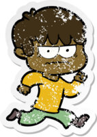 distressed sticker of a annoyed cartoon boy png