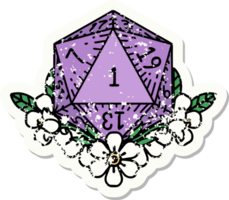 grunge sticker of a natural one dice roll with floral elements png