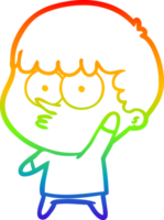 rainbow gradient line drawing of a cartoon curious boy waving png