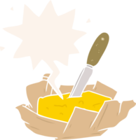 cartoon traditional pat of butter with knife with speech bubble in retro style png