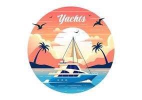 Yachts Vector Illustration with Ferries Cargo Boats and Ship Sailboat of Water Transport at the Beach in Sunset Flat Cartoon Background