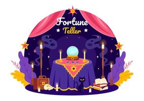 Fortune Teller Vector Illustration with Crystal Ball, Magic Book or Tarot for Predicts Fate and Telling the Future Concept in Flat Cartoon Background