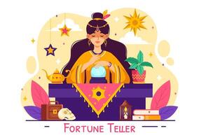 fortuna cajero vector ilustración con cristal pelota, magia libro o tarot para predice destino y narración el futuro concepto en plano dibujos animados antecedentes