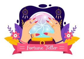 fortuna cajero vector ilustración con cristal pelota, magia libro o tarot para predice destino y narración el futuro concepto en plano dibujos animados antecedentes