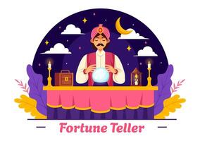 fortuna cajero vector ilustración con cristal pelota, magia libro o tarot para predice destino y narración el futuro concepto en plano dibujos animados antecedentes