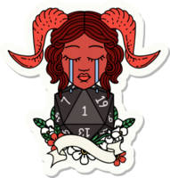 adesivo de um tiefling chorando com um rolo d20 natural png