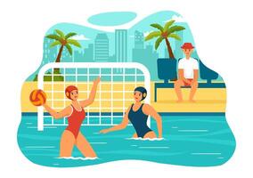 Water Polo Sport Vector Illustration with Player Playing to Throw the Ball on the Opponent's Goal in the Swimming Pool in Flat Cartoon Background