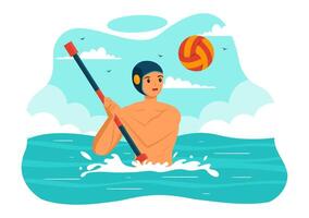 Water Polo Sport Vector Illustration with Player Playing to Throw the Ball on the Opponent's Goal in the Swimming Pool in Flat Cartoon Background