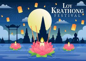 Loy Krathong Vector Illustration of Festival Celebration in Thailand with Lanterns and Krathongs Floating on Water Design in Flat Cartoon Background