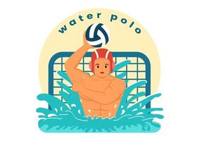 Water Polo Sport Vector Illustration with Player Playing to Throw the Ball on the Opponent's Goal in the Swimming Pool in Flat Cartoon Background